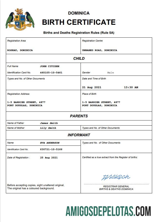 Realista modelo Word e PDF de certidão de nascimento de registro vital de Dominica